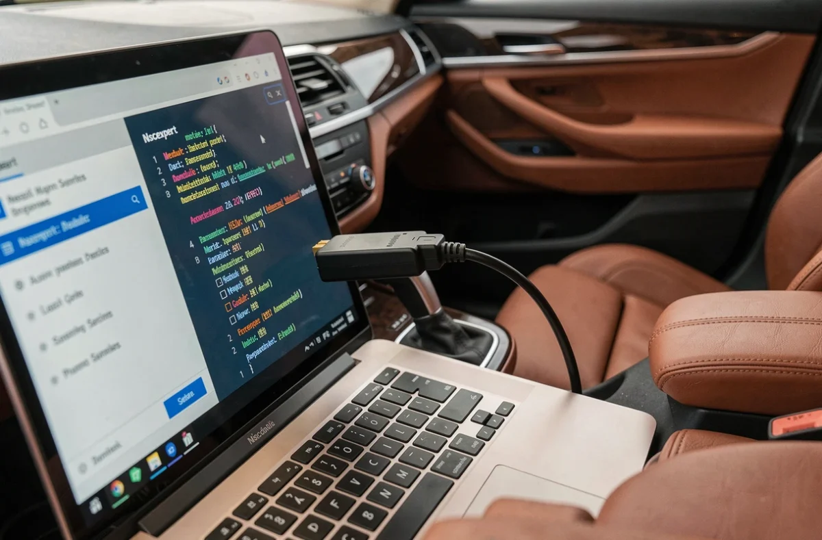 Interface du logiciel Nscexpert sur un écran d'ordinateur connecté à une BMW via un câble OBD2