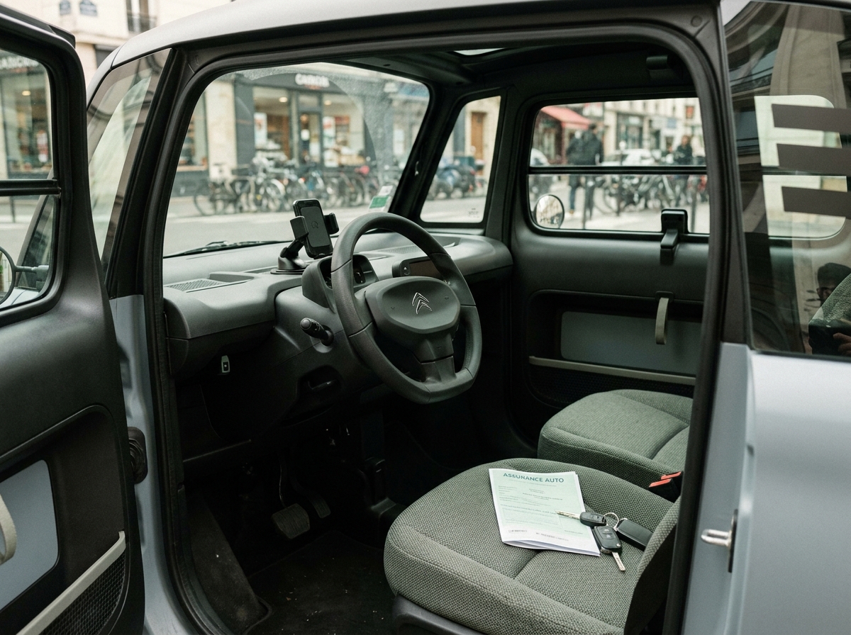 Intérieur de la Citroën Ami avec un document d'assurance posé sur le siège, vue en gros plan