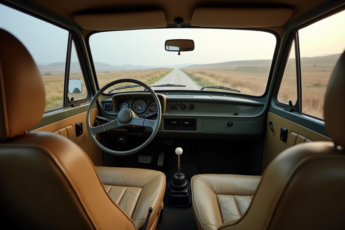 Intérieur vintage d'une LADA Niva avec tableau de bord analogique et sélecteur 4x4, paysage de campagne française au fond