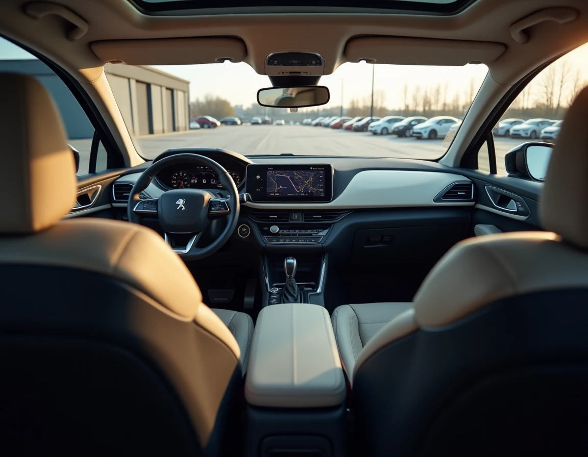 Intérieur spacieux du Peugeot SUV 2026 avec siège enfant et tableau de bord connecté