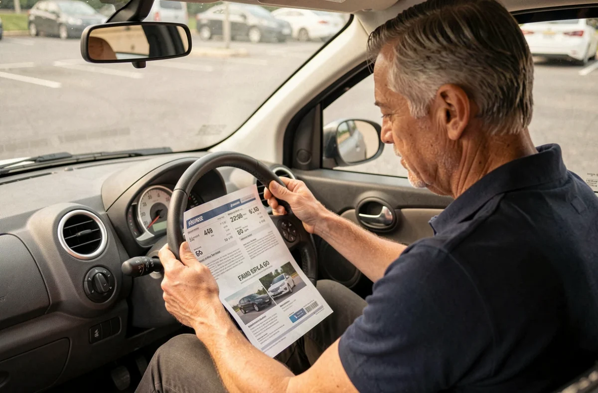 Homme consultant une brochure tarifaire à l'intérieur d'une voiture sans permis compacte