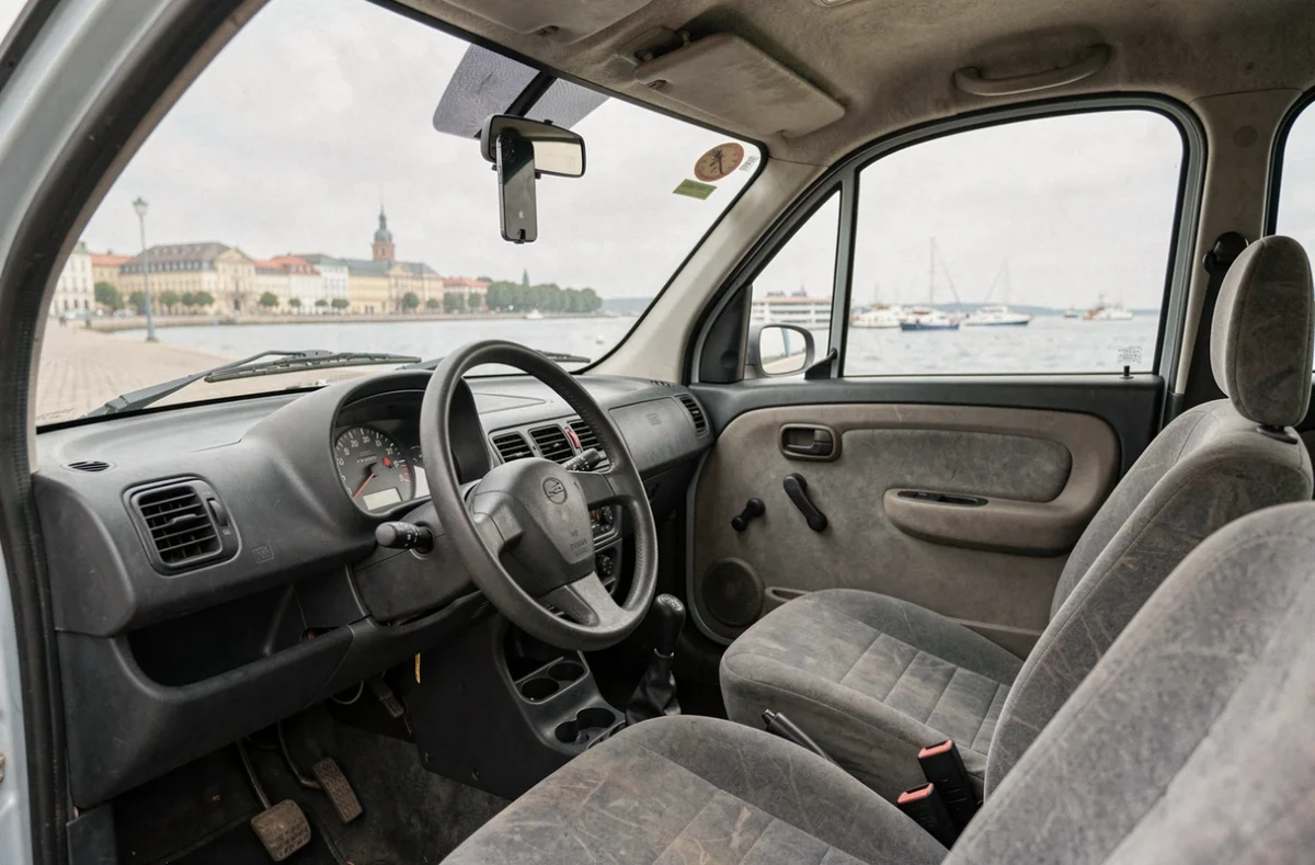 Intérieur d'une voiture sans permis d'occasion avec tableau de bord simple et sièges en tissu gris