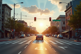 Intersection urbaine animée avec feu rouge et voiture prête à partir