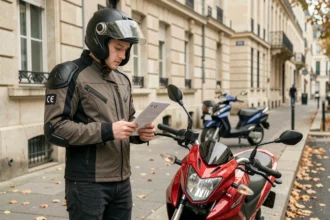 Jeune conducteur de moto 125cc consultant son contrat d'assurance moto en ville