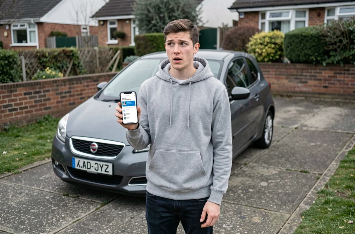 Jeune conducteur vérifiant le tarif de son assurance tous risques sur smartphone devant sa voiture