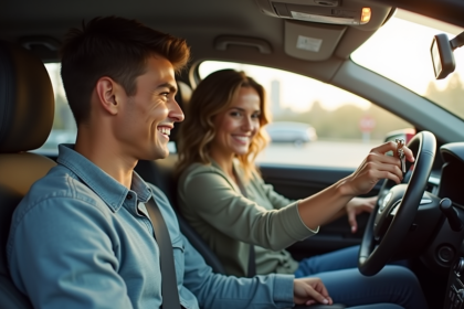 Jeune conducteur souriant passant les clés à un conducteur plus âgé