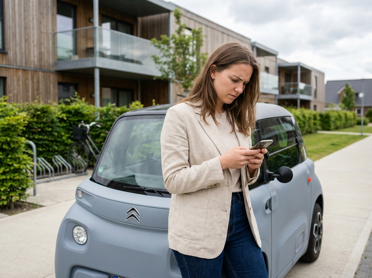 Jeune femme consultant une application d'assurance sur son téléphone à côté d'une Citroën Ami