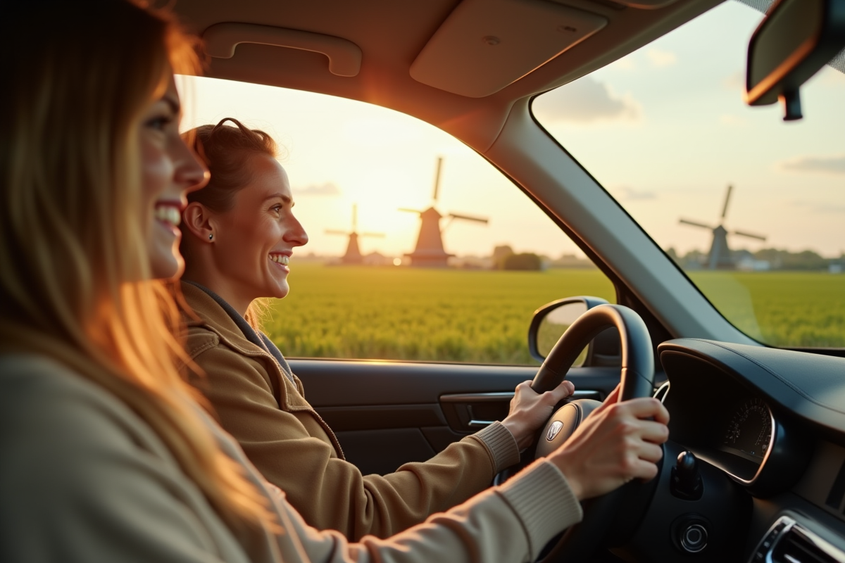 Jeune couple conduisant une voiture dans la campagne néerlandaise