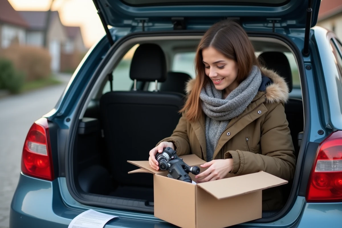 Jeune femme vérifiant une pièce auto dans le coffre d