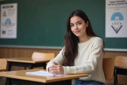 Jeune femme en classe de conduite avec tableau et poster