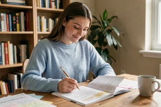 Jeune femme étudiant les 100 questions du permis de conduire sur un document PDF imprimé à son bureau