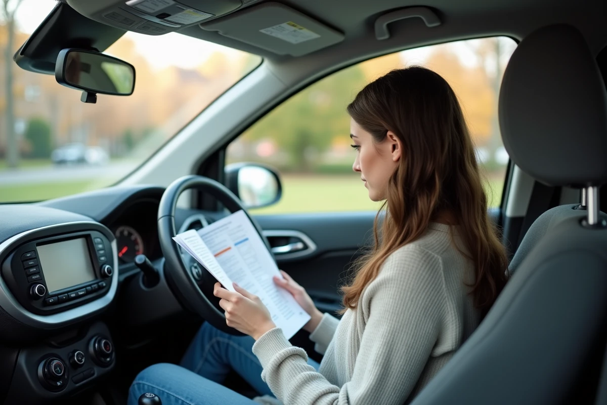 Jeune femme lisant un manuel dans une voiture compacte