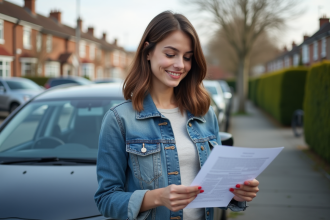 Jeune femme confiante avec document et voiture en extérieur