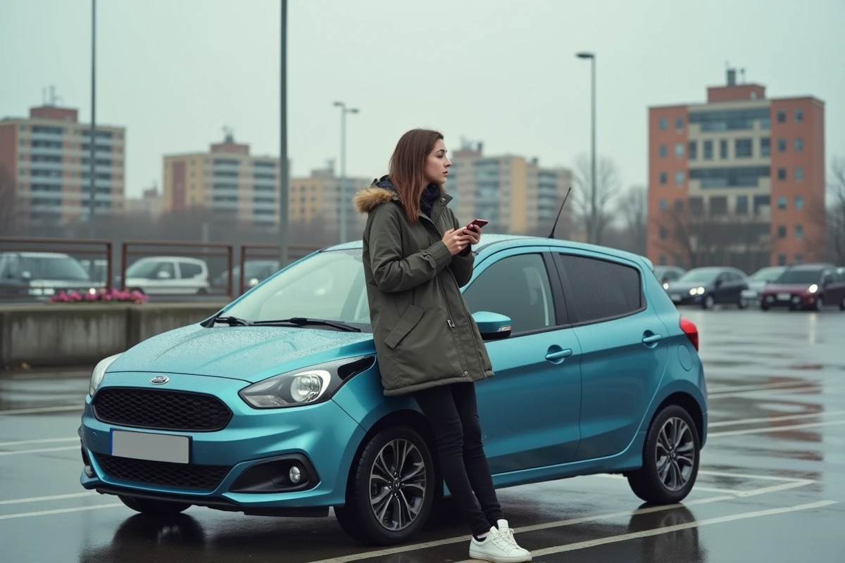 Jeune femme posant sur sa voiture en ville