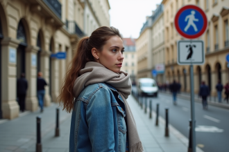 Jeune femme attente au passage pietons en ville