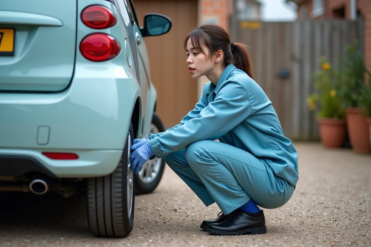 Jeune femme en uniforme inspectant une voiture