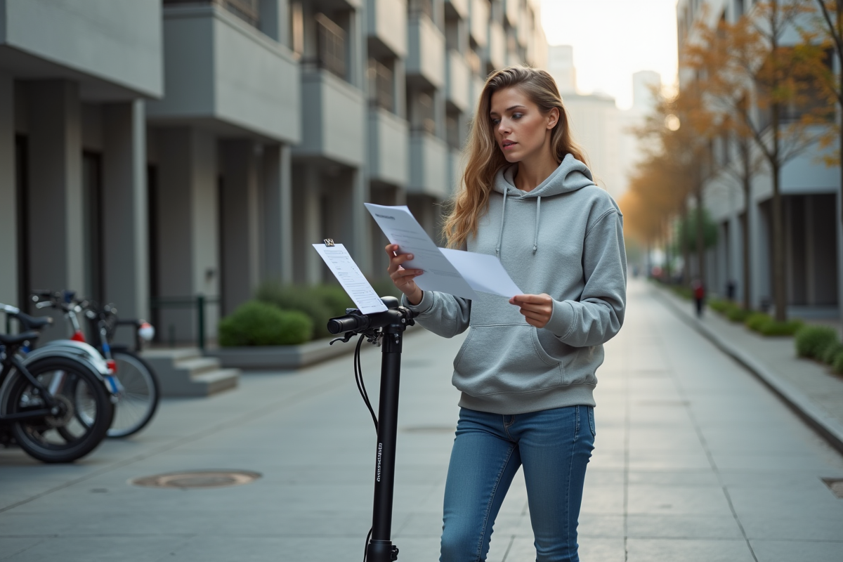 Jeune femme avec scooter et document d'assurance en ville