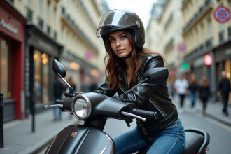 Jeune femme en moto scooter à Paris avec casque et veste sombre