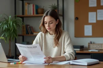 Jeune femme lisant un PDF permis 2026 dans son bureau