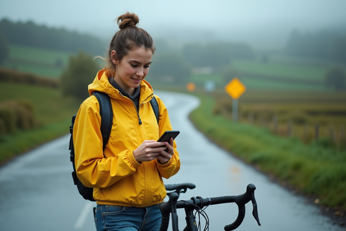 Jeune femme en veste jaune vérifiant son GPS à vélo