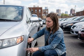 Jeune femme inspectant une voiture d'occasion en extérieur
