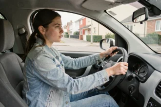 Jeune femme conduisant une voiture sans permis de type microcar en milieu urbain