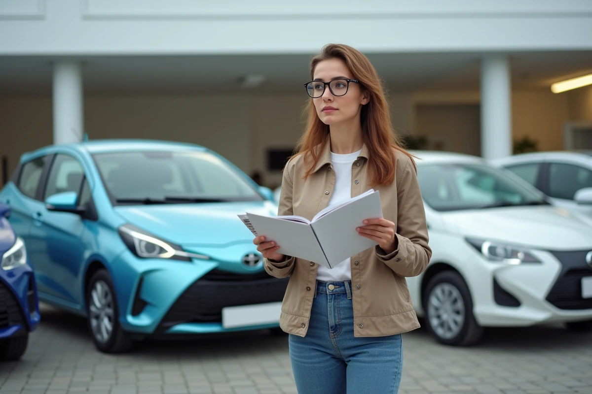 Jeune femme compare voitures dans un concessionnaire