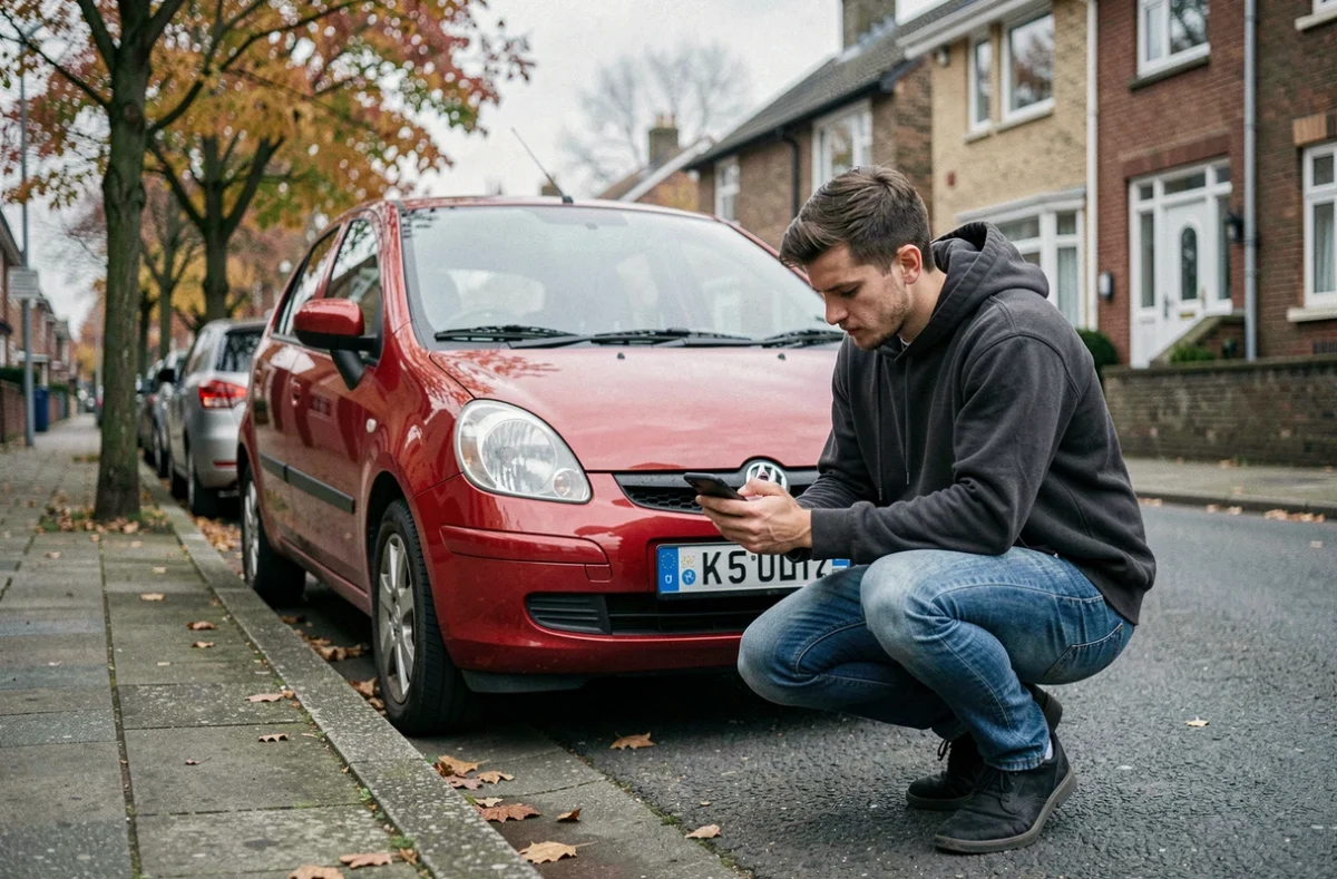 Jeune homme photographiant la plaque d'immatriculation d'une voiture rouge pour une démarche d'assurance au nom d'un tiers