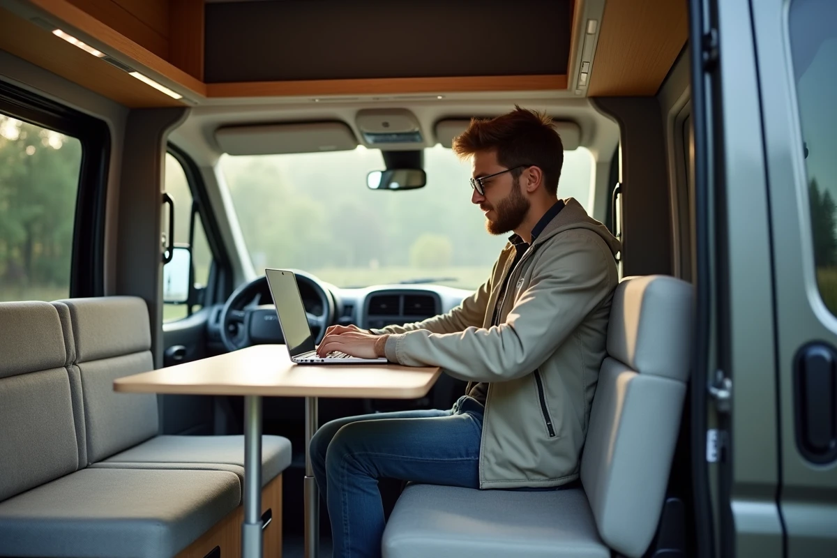 Jeune homme travaillant dans un van moderne