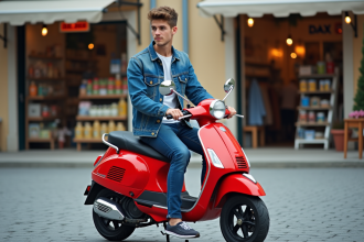 Jeune homme avec moto Dax rouge dans une place de ville