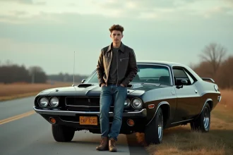 Jeune homme en jeans et cuir pr&egrave;s d'une voiture muscle vintage