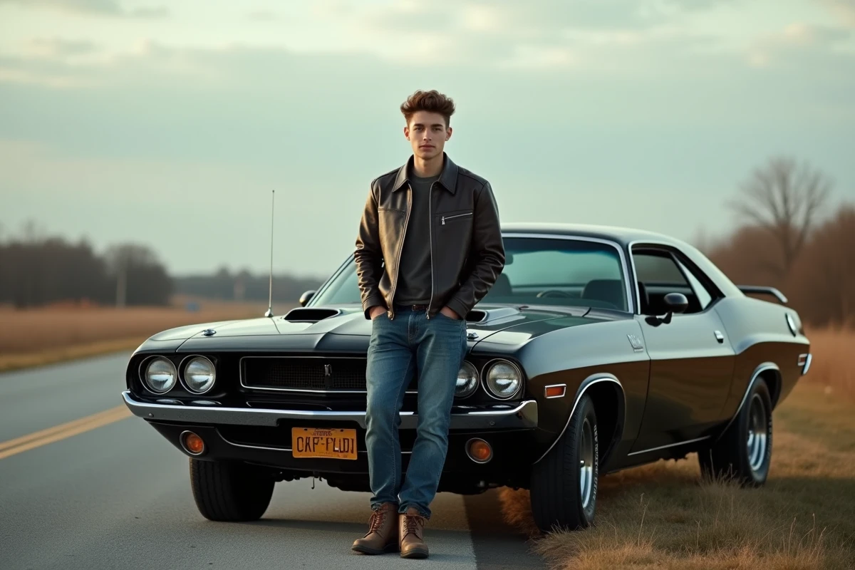 Jeune homme en jeans et cuir près d'une voiture muscle vintage