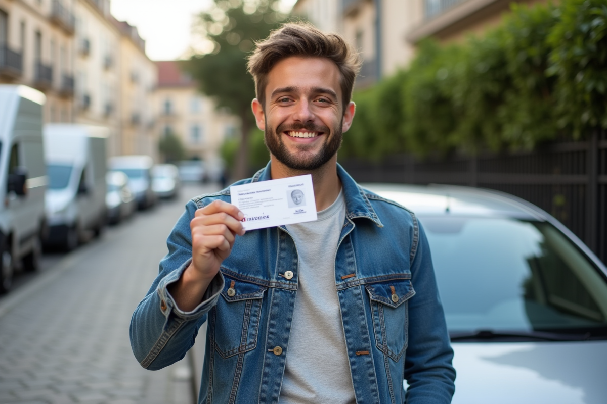 Jeune homme souriant avec son permis de conduire devant sa voiture