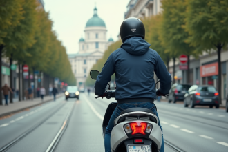 Jeune homme en scooter urbain en ville dynamique