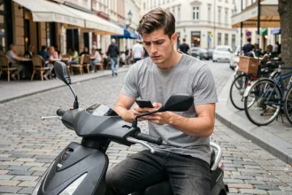 Jeune homme consulant son téléphone assis sur un scooter en ville, illustrant les idées reçues sur la conduite sans permis