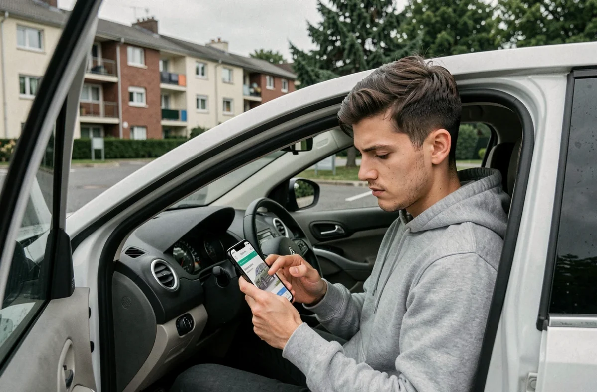 Jeune homme recherchant une assurance auto sur son smartphone depuis son véhicule à Tours