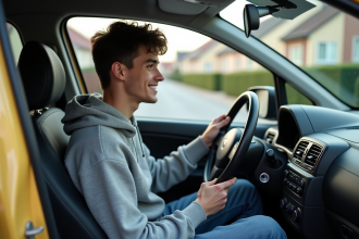 Jeune homme au volant d'une petite voiture en banlieue française