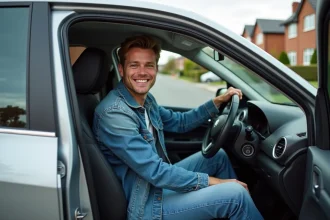 Jeune homme souriant dans sa voiture en banlieue