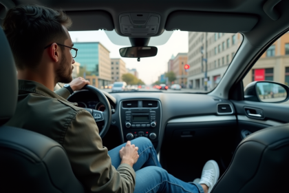 Jeune homme concentré dans une voiture urbaine moderne