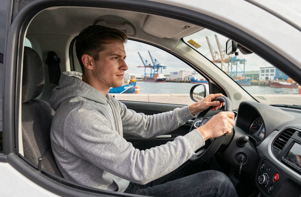 Jeune homme au volant d'une voiture sans permis avec le port de Brest en arrière-plan