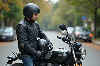 Jeune motard debout à côté d'une moto puissante naked bike, casque sous le bras, en tenue de protection complète sur une route de banlieue