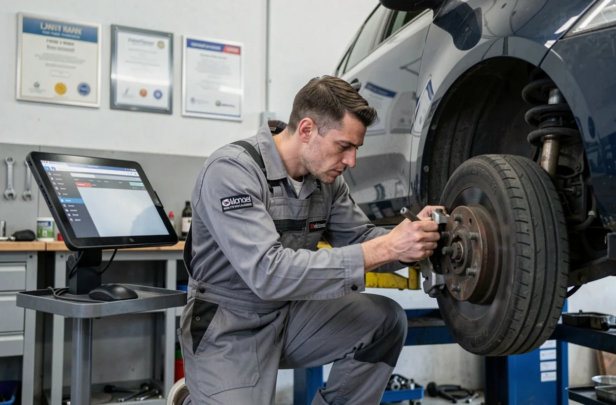 Mécanicien spécialiste effectuant une inspection de freins chez Juvenal Auto à Montpellier
