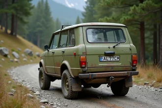 LADA Niva 4x4 garée sur un chemin forestier rocailleux dans les Alpes françaises, vue arrière trois quarts