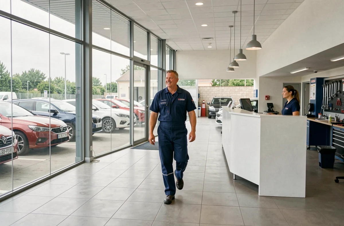 Vue intérieure du concessionnaire et atelier Languedoc Automobiles à Bagnols-sur-Cèze avec mécanicien et espace d'accueil