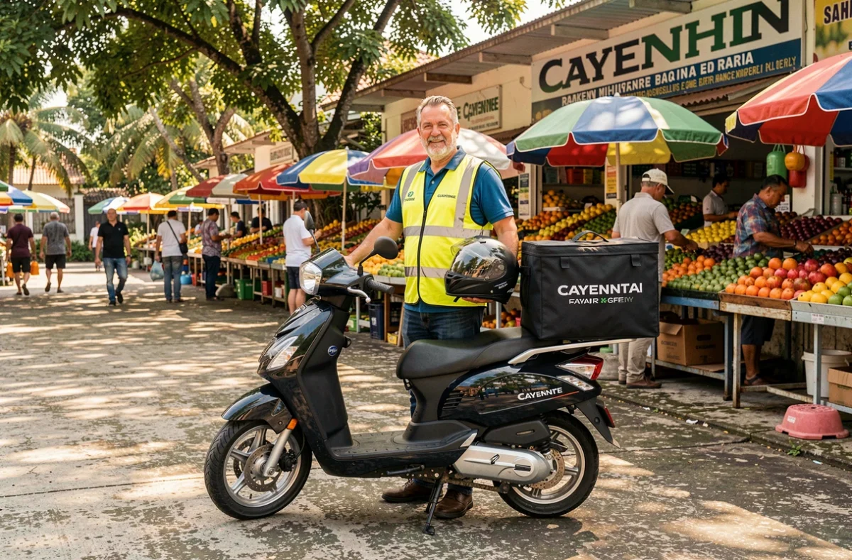 Livreur à scooter professionnel devant un marché de Cayenne, usage commercial du deux-roues en Guyane