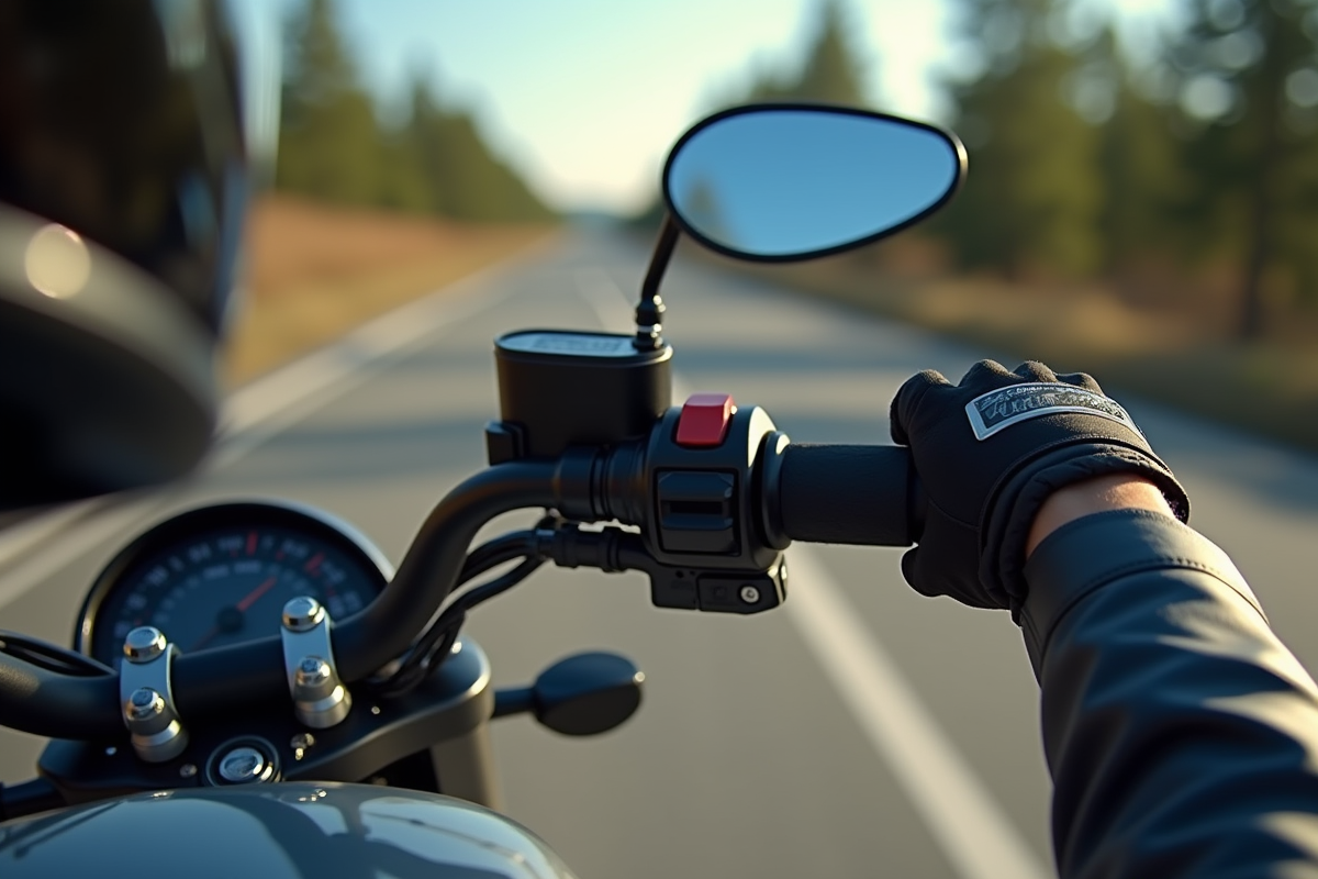 Détails des mains du motard sur le guidon avec casque réfléchissant