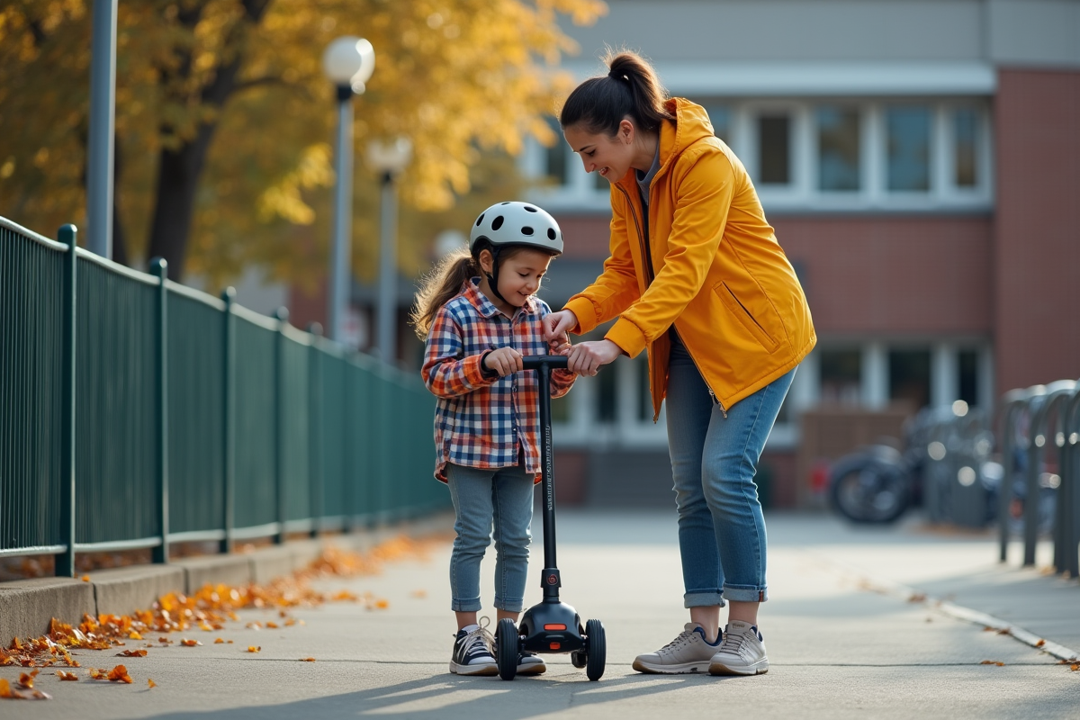 Maman aidant sa fille à mettre un casque devant l