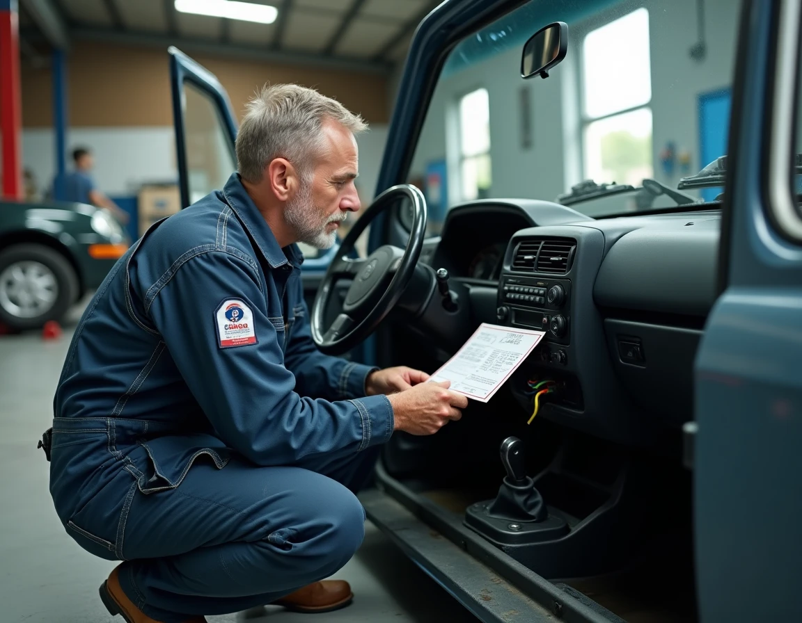 Mécanicien automobile consultant une fiche de code pour déverrouiller un autoradio dans un garage
