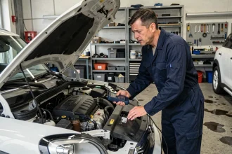 Mécanicien examinant le moteur d'une Mini Countryman avec un scanner de diagnostic dans un garage professionnel
