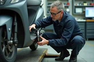 Mécanicien inspectant le système de freinage d'un scooter lors d'un contrôle technique en atelier